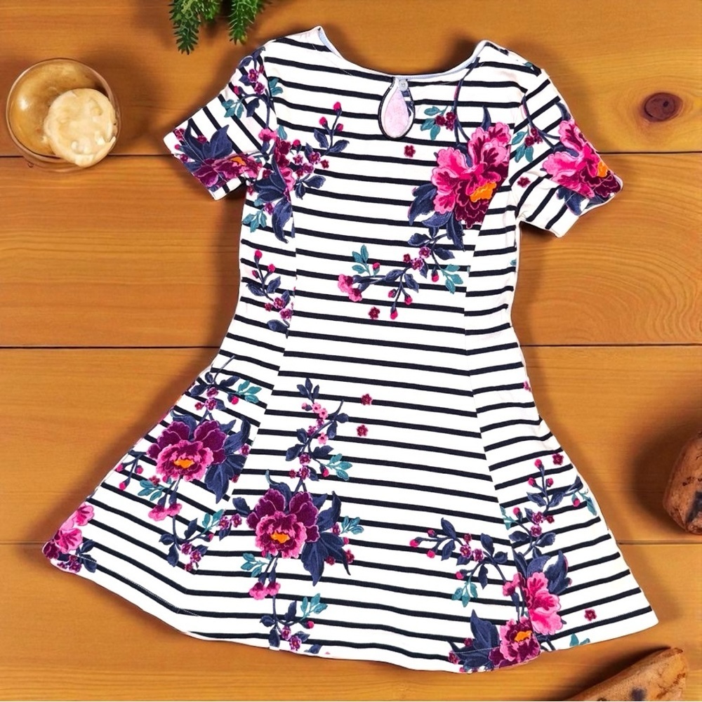 Joules Girls 6Y Striped Floral Cotton Dress Blue White Pink Short Sleeve - Picture 2 of 6